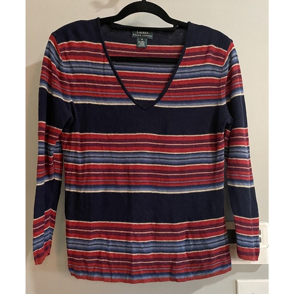 Lauren Ralph Lauren Sweater Linen Blend Striped VNeck Long Sleeve Medium